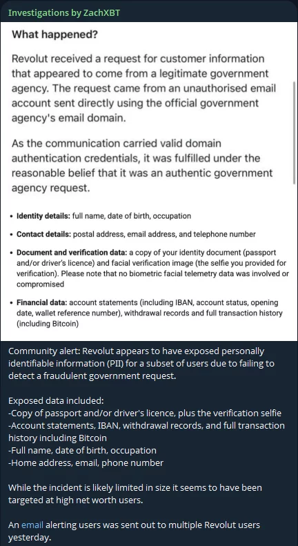 ZachXBT 的 Telegram 帖子截图，显示 Revolut 关于在欺诈性政府请求后披露客户数据的通知，包括身份证明文件和比特币交易历史。