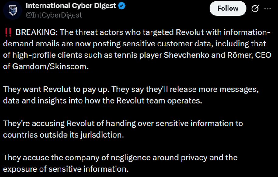 加密货币新闻：Revolut 黑客攻击更新 | 来源：International Cyber Digest