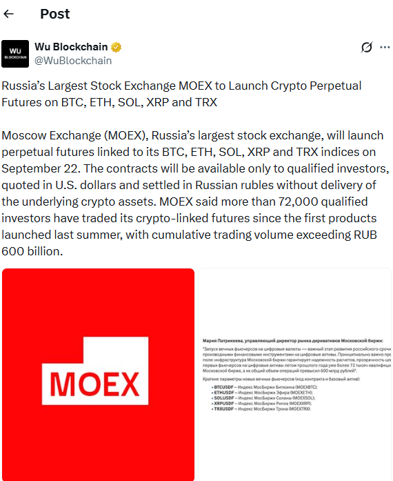 MOEX 将推出五份加密永续期货 | 来源：X