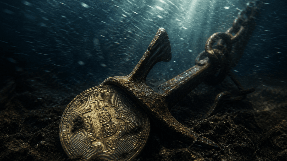 黑暗海底的钢锚固定着一枚大型比特币,而强流从其上方流过