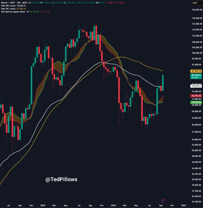 BTC/USD 1 天价格图表。来源：X