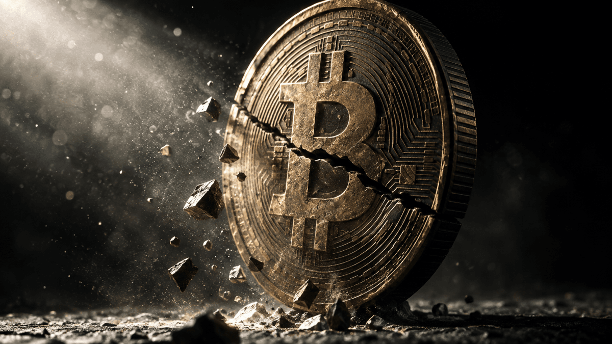 一枚刻有比特币符号的大型金属硬币直立放置，侧面强光照射下可见细微裂纹，碎片脱落